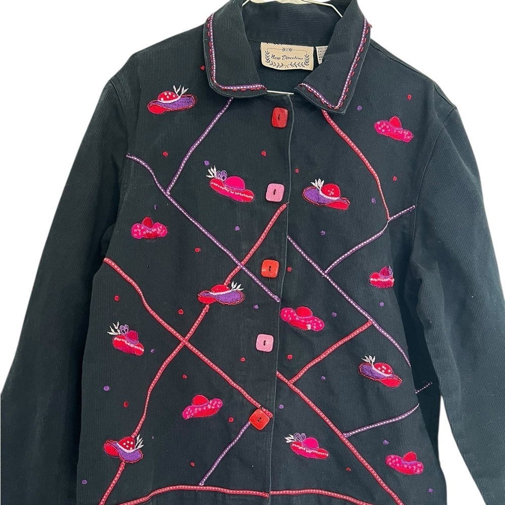 Vintage -Style Red Hat Society Jacket - Black Denim, Bold Stitching & Buttons